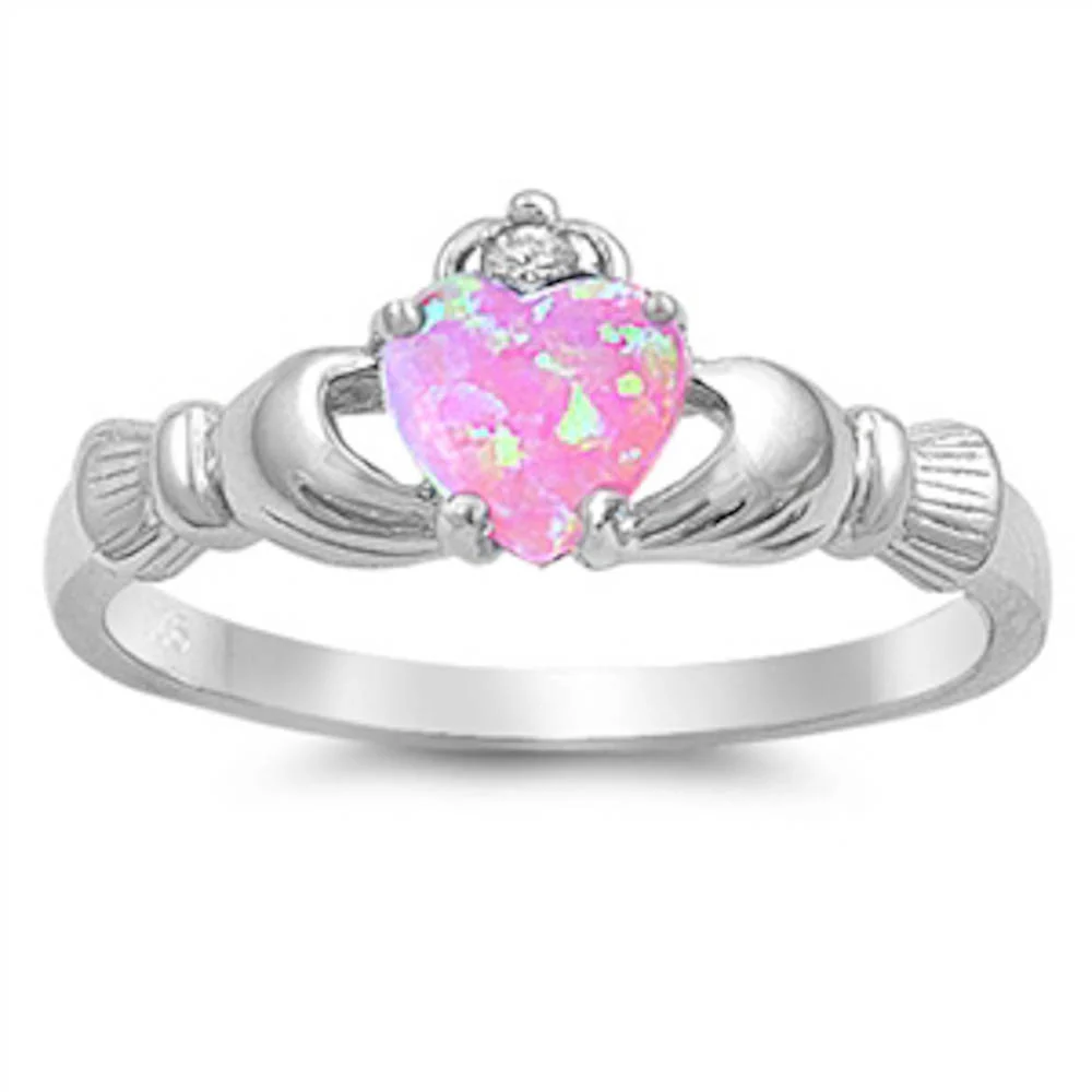 Pink Opal Heart Claddagh & Cubic Zirconia .925 Sterling Silver Ring Sizes 4-12