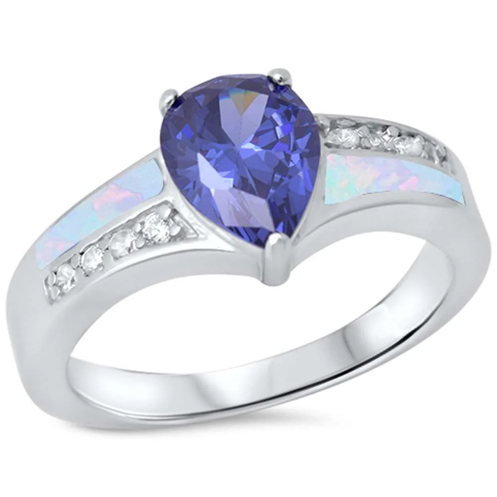 <span>CLOSEOUT! </span>Pear Tanzanite, White Opal & Cz .925 Sterling Silver Ring