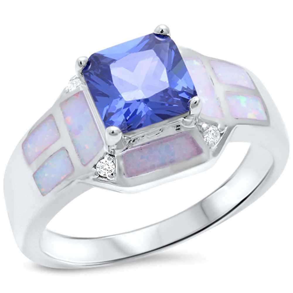 <span>CLOSEOUT!</span> Princess Cut Tanzanite, White Opal & Cz .925 Sterling Silver Ring