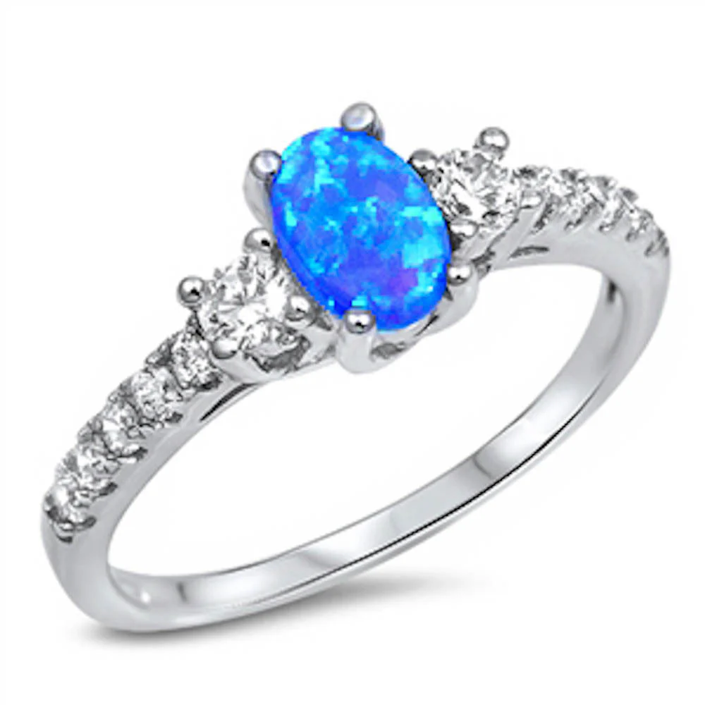 Oval Blue Opal & Cubic Zirconia .925 Sterling Silver Ring Sizes 4-12