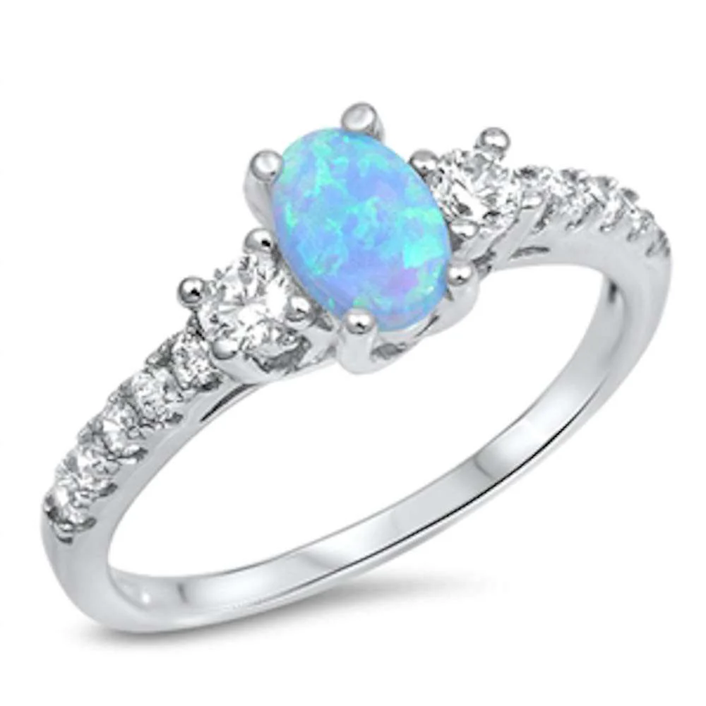Oval Light Blue Opal & Cubic Zirconia .925 Sterling Silver Ring