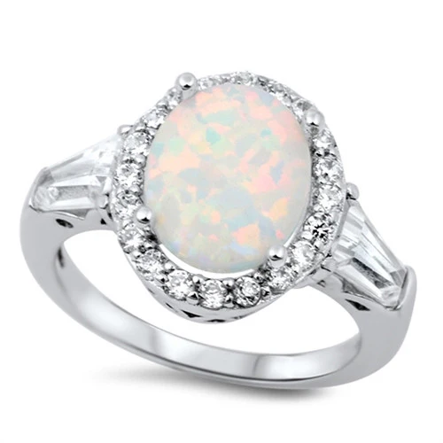 <span>CLOSEOUT!</span>White Fire Opal & Baguette Cz .925 Sterling Silver Ring