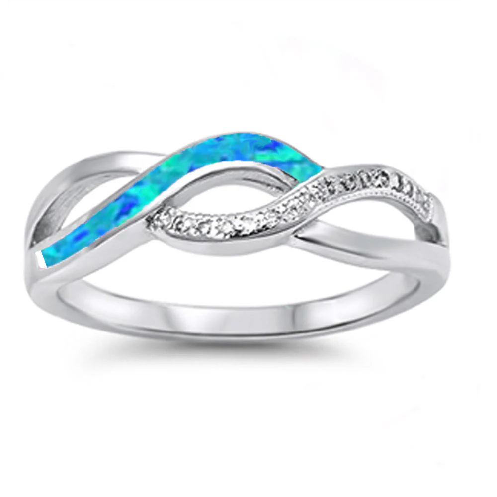 <span>CLOSEOUT! </span>Blue Opal & Cz Infinity Style .925 Sterling Silver Ring