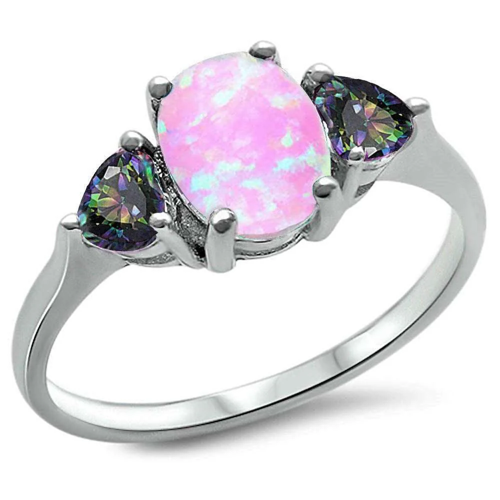 Oval Pink Opal & Heart Rainbow CZ .925 Sterling Silver Ring