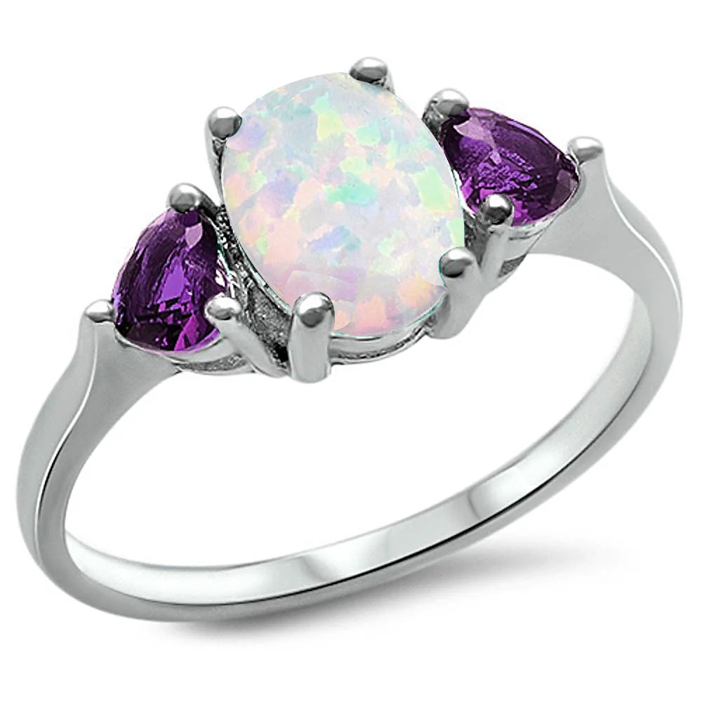 Oval White Opal & Heart Amethyst .925 Sterling Silver Ring