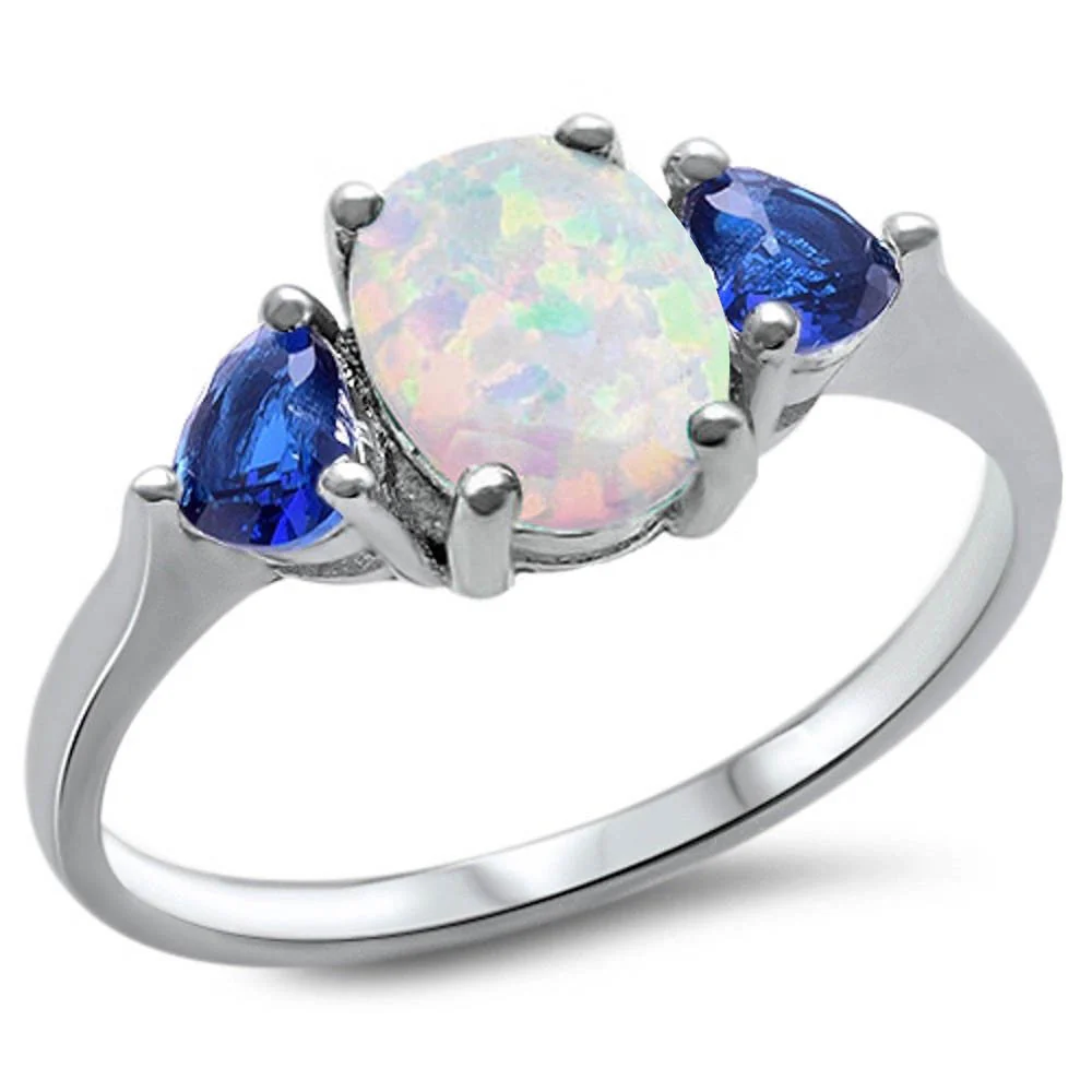 Oval White Opal & Blue Sapphire Heart .925 Sterling Silver Ring