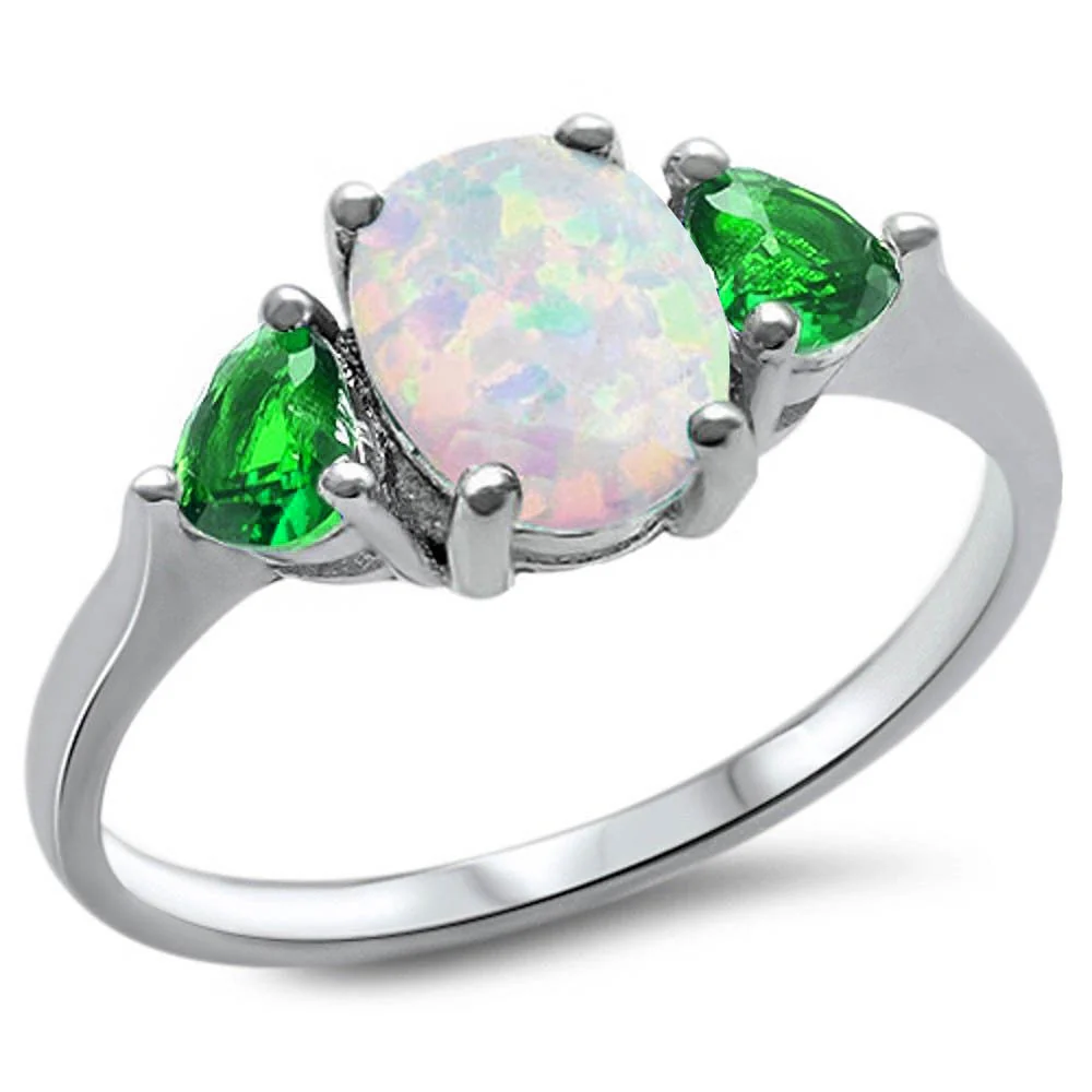 Oval White Opal & Emerald Heart .925 Sterling Silver Ring