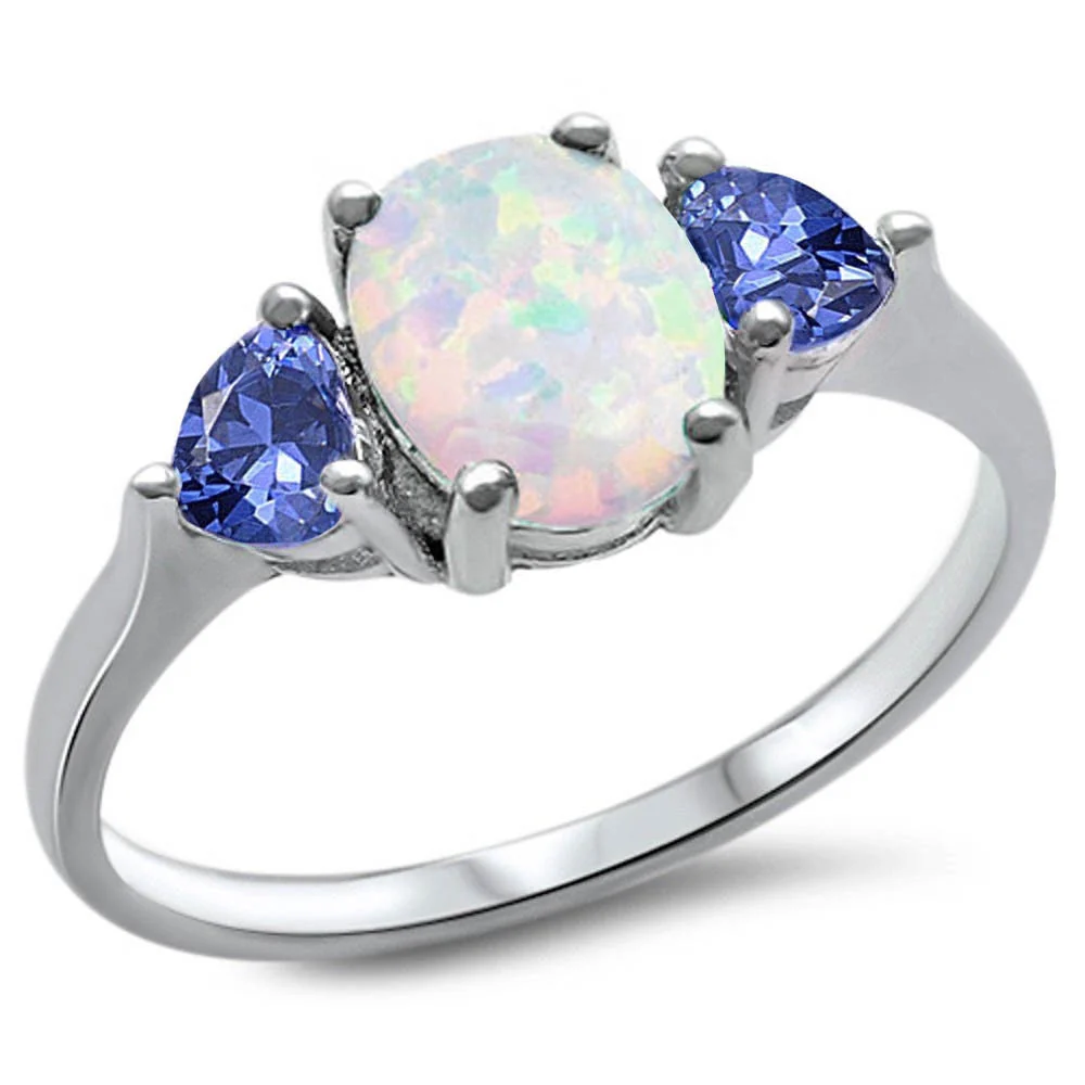 Oval White Opal & Heart Tanzanite CZ .925 Sterling Silver Ring Sizes 4-10