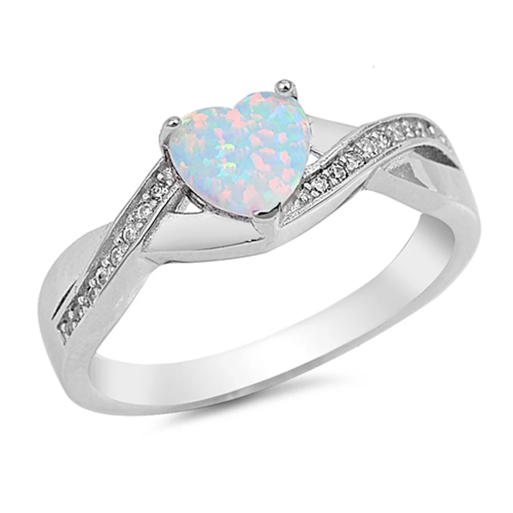 <span>CLOSEOUT! </span>Heart White Opal & Cubic Zirconia .925 Sterling Silver Ring