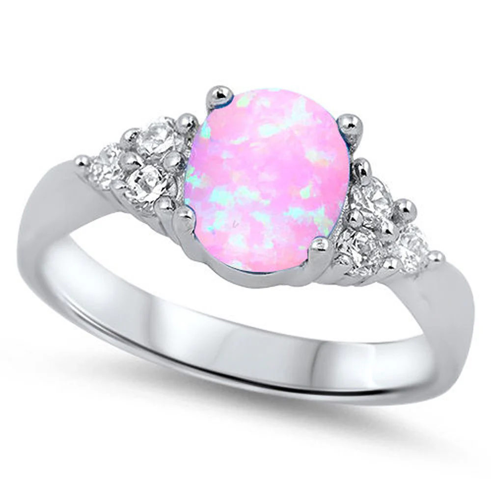 <span>CLOSEOUT!</span>BEST SELLING! Lab created Pink Opal & CZ .925 Sterling Silver Ring Sizes 4-6,11