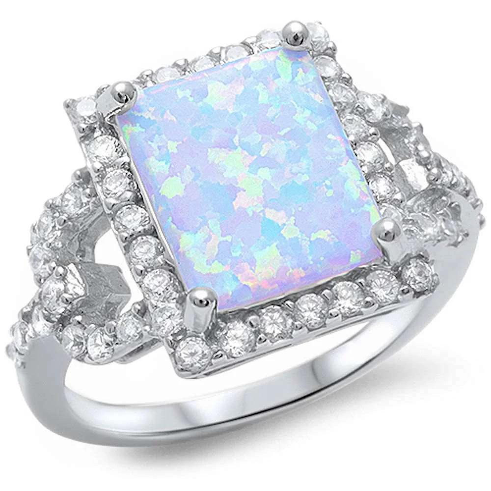 <span>CLOSEOUT!</span>Radiant Shape White Fire Opal & Sparkling Cubic Zirconia .925 Sterling Silver Ring Sizes 5-10