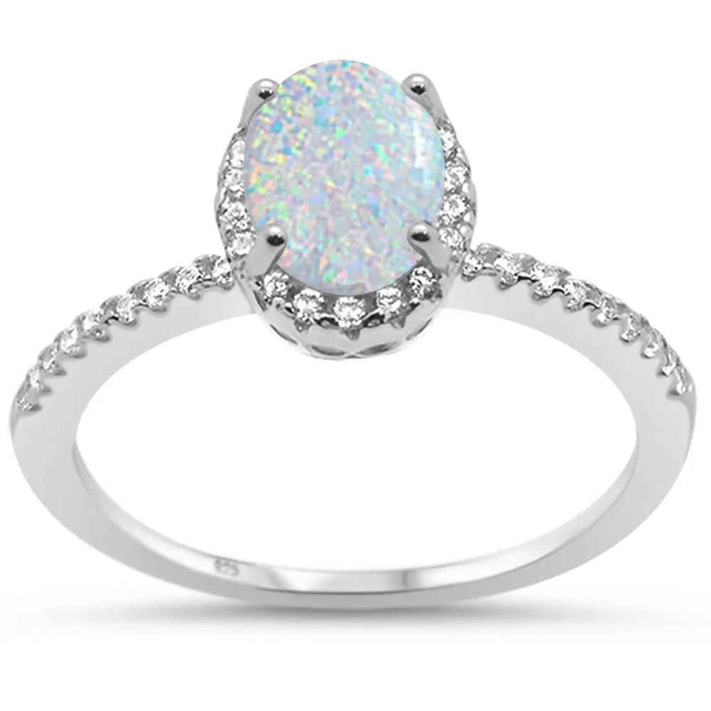 Oval White Opal Halo Cubic Zirconia .925 Sterling Silver Ring
