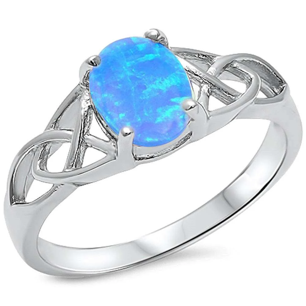 Oval Blue Opal Celtic Design .925 Sterling Silver Ring