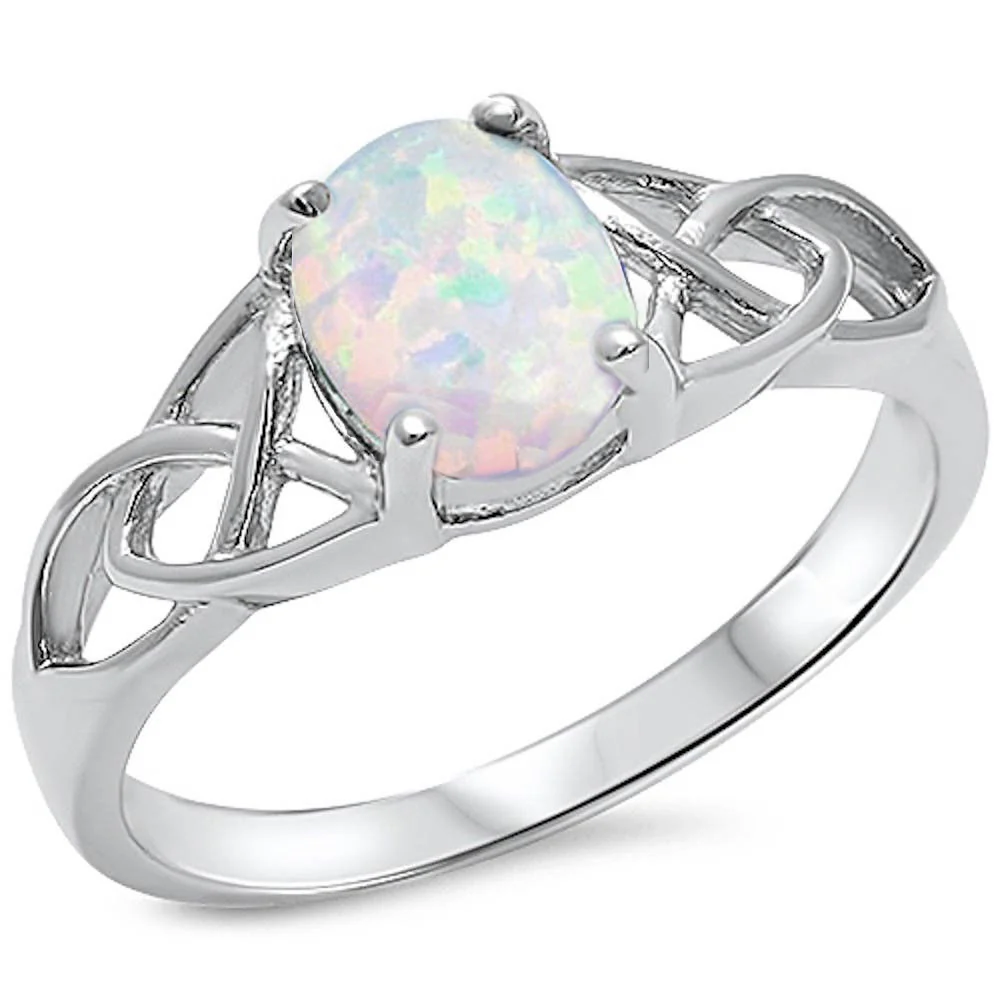 Oval White Opal Celtic Design Band .925 Sterling Silver Ring