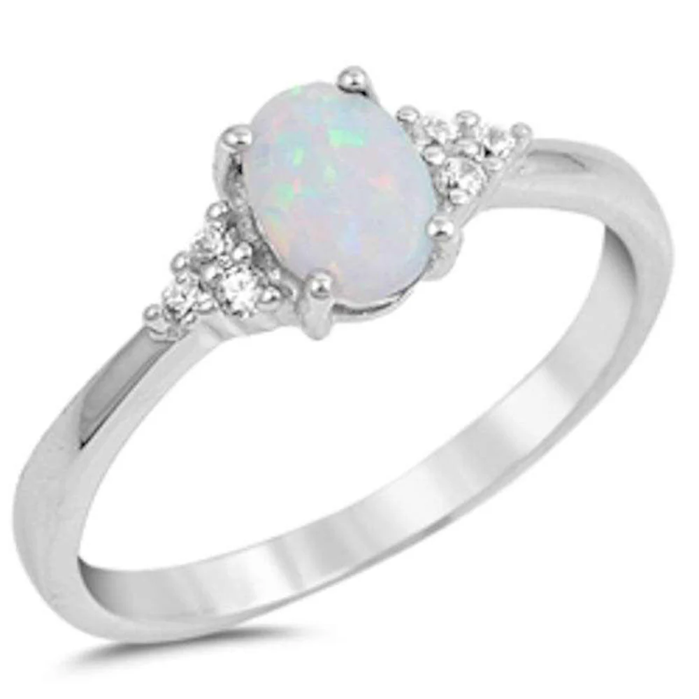 Oval White Opal & Round Cz .925 Sterling Silver Ring