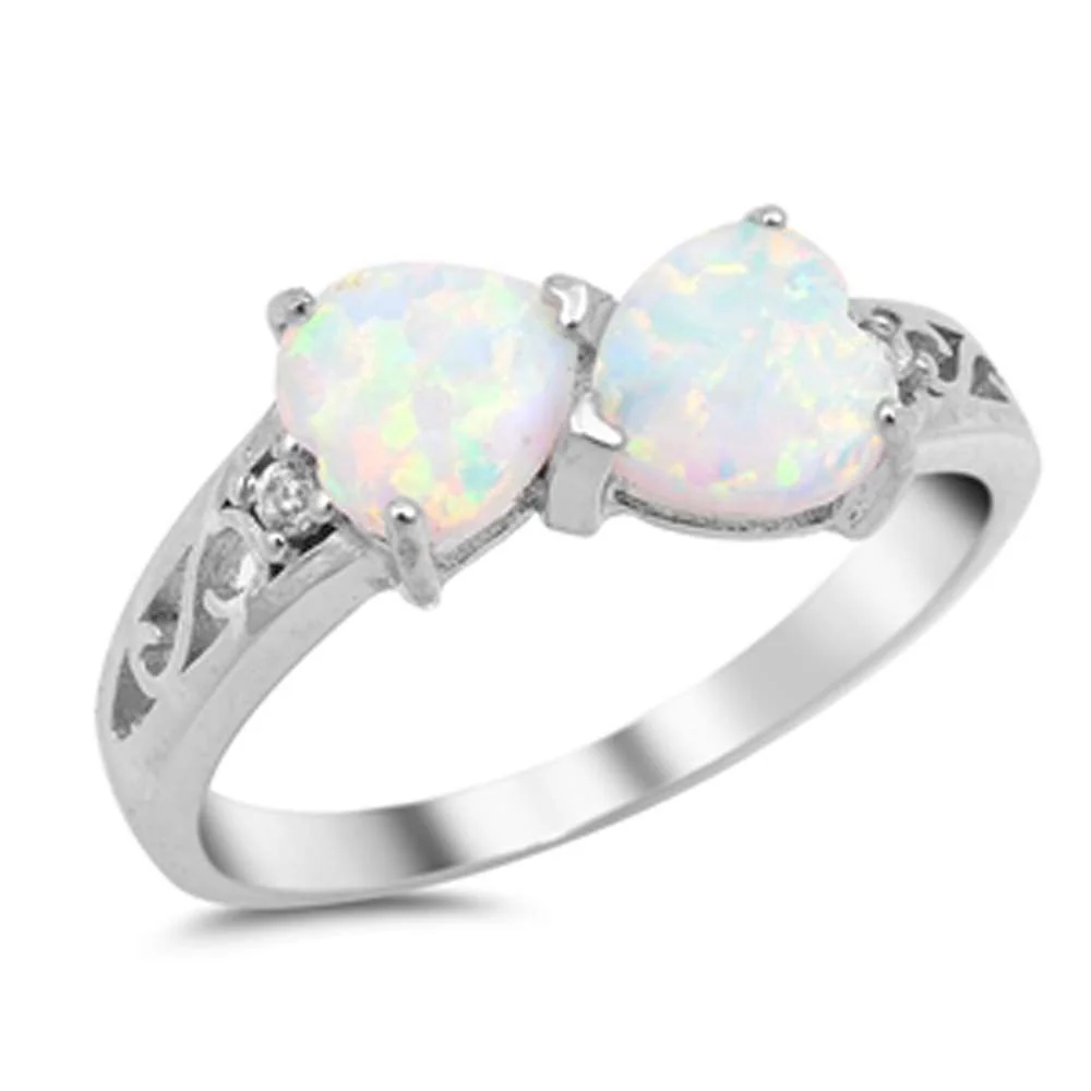 <span>CLOSEOUT!</span>Two Heart White Opal .925 Sterling Silver Ring