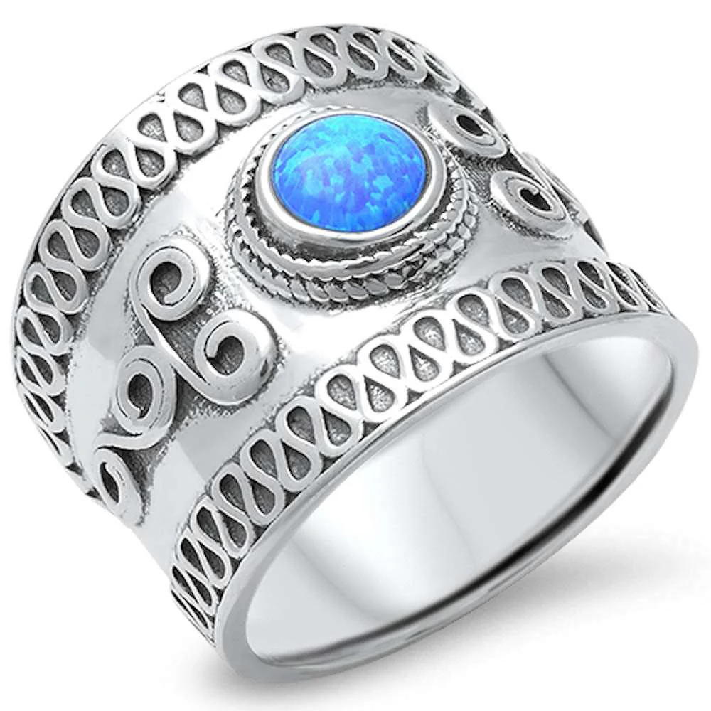 <span>CLOSEOUT!</span>Bali Design Blue Opal Band .925 Sterling Silver Ring Sizes 5