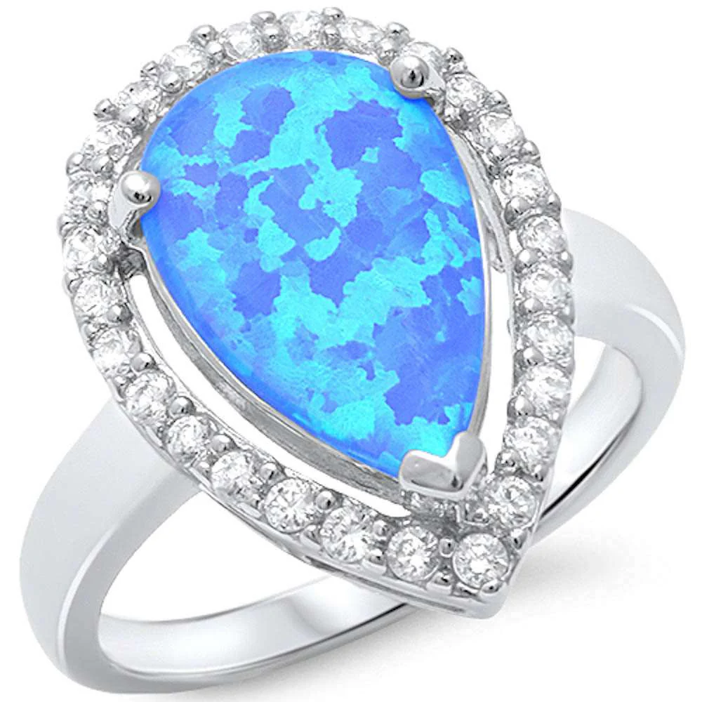 <span>CLOSEOUT!</span>Pear Shape Blue Opal & Cubic Zirconia.925 Sterling Silver Ring