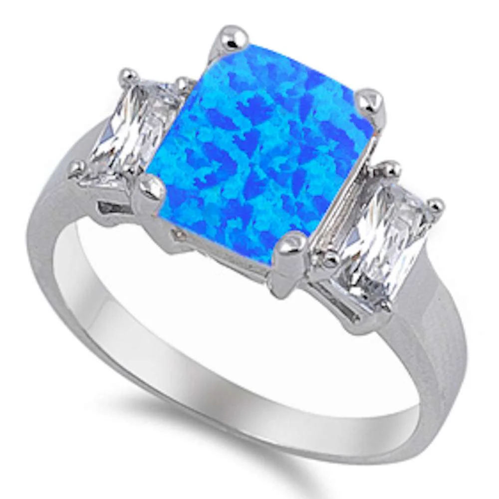 <span>CLOSEOUT!</span>Radiant Shape Blue Fire Opal & Cubic Zirconia .925 Sterling Silver Ring