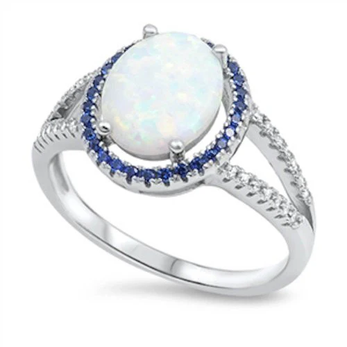 <span>CLOSEOUT! </span>Oval White Opal & Sapphire Halo .925 Sterling Silver Ring