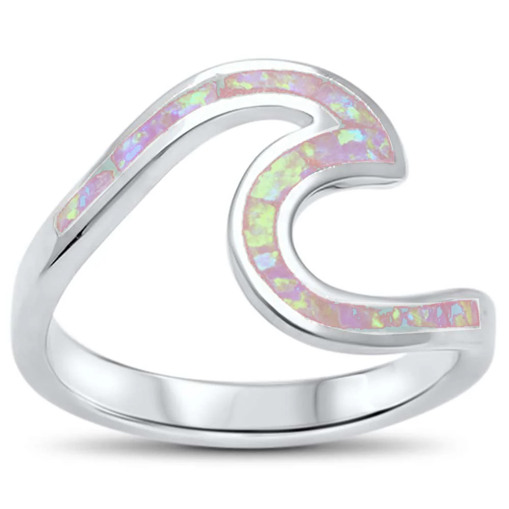 Wave Ocean Beach Pink Opal .925 Sterling Silver Ring Sizes 5-12