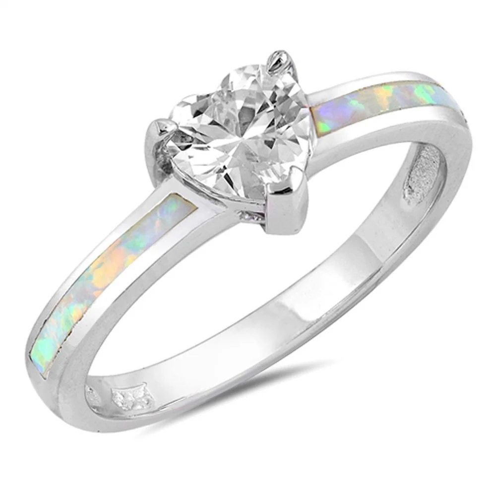 <span>CLOSEOUT!</span> Heart Shape CZ with White Opal .925 Sterling Silver Ring
