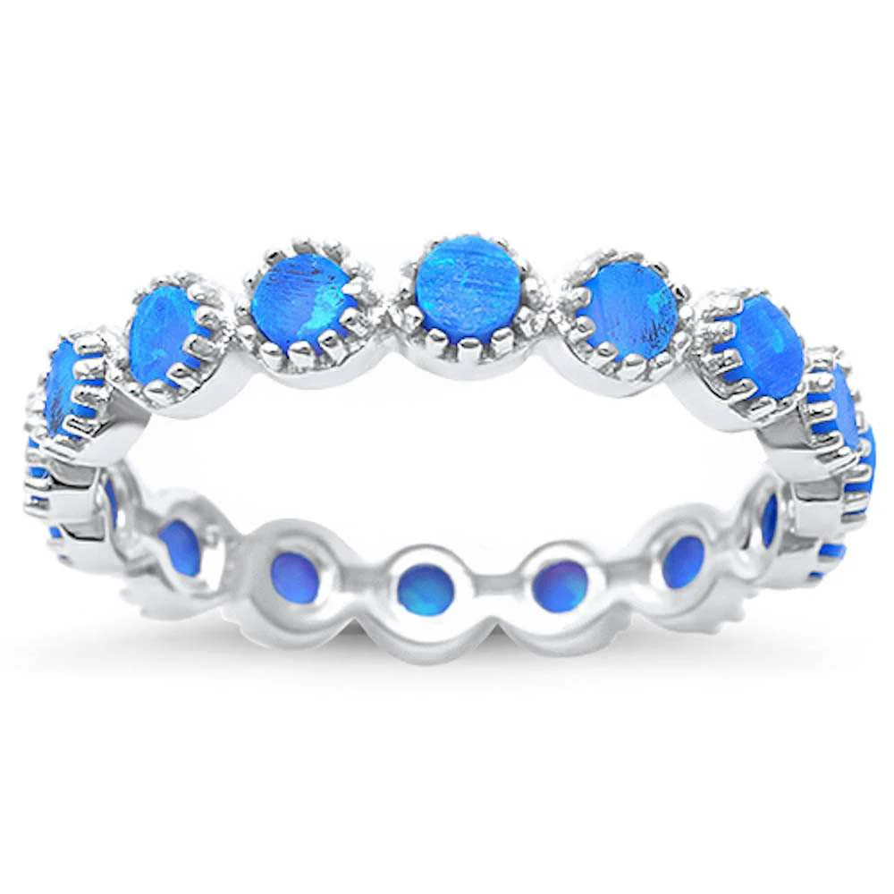 Round Blue Opal Eternity  .925 Sterling Silver Ring Sizes 5-11