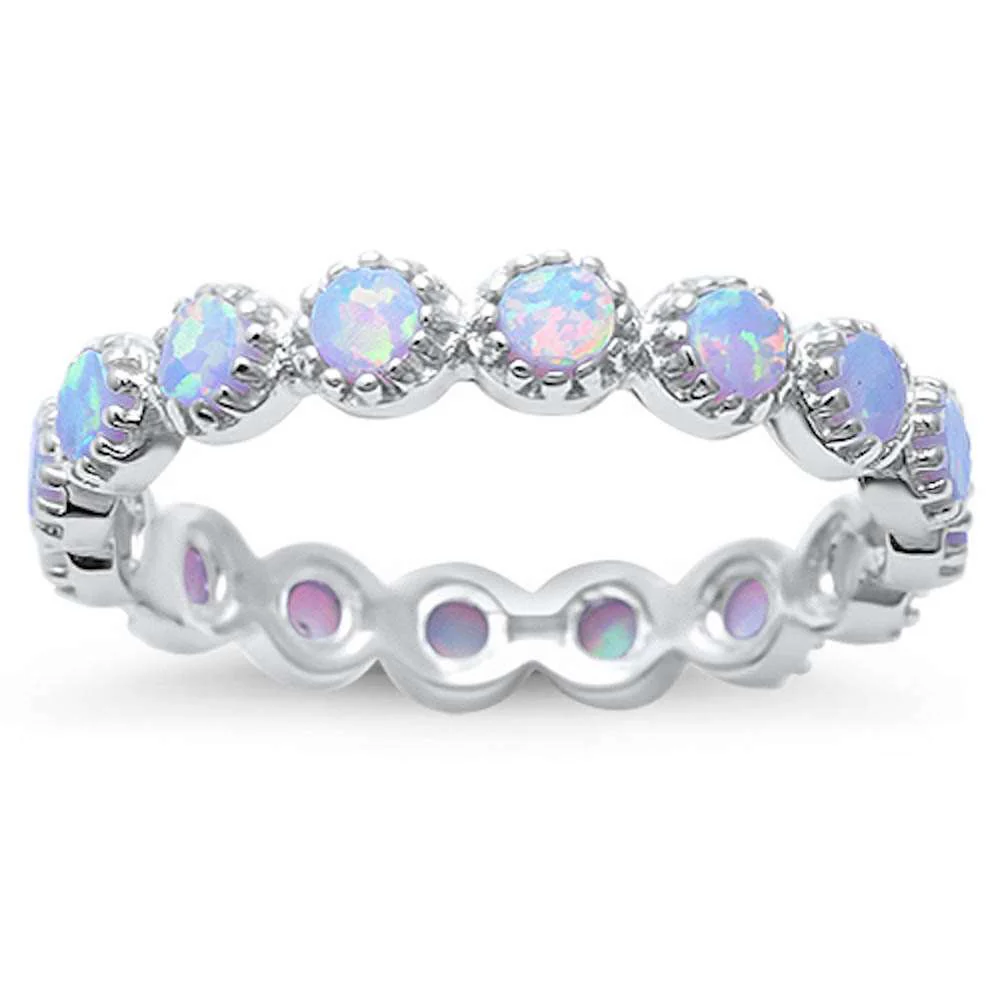 Round White Opal Eternity .925 Sterling Silver Ring