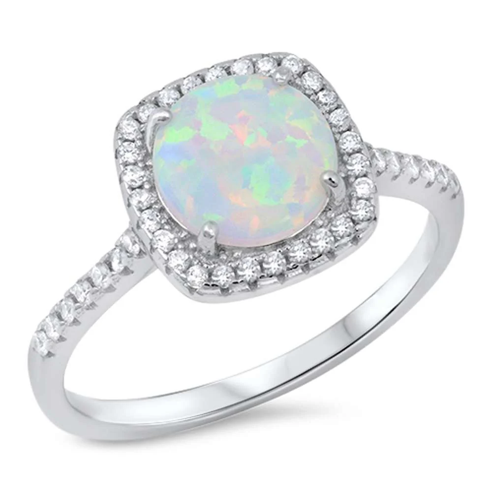 <span>CLOSEOUT! </span>Round Shape Lab Created White Opal with Cubic Zirconia .925 Sterling Silver Ring Sizes 4-11