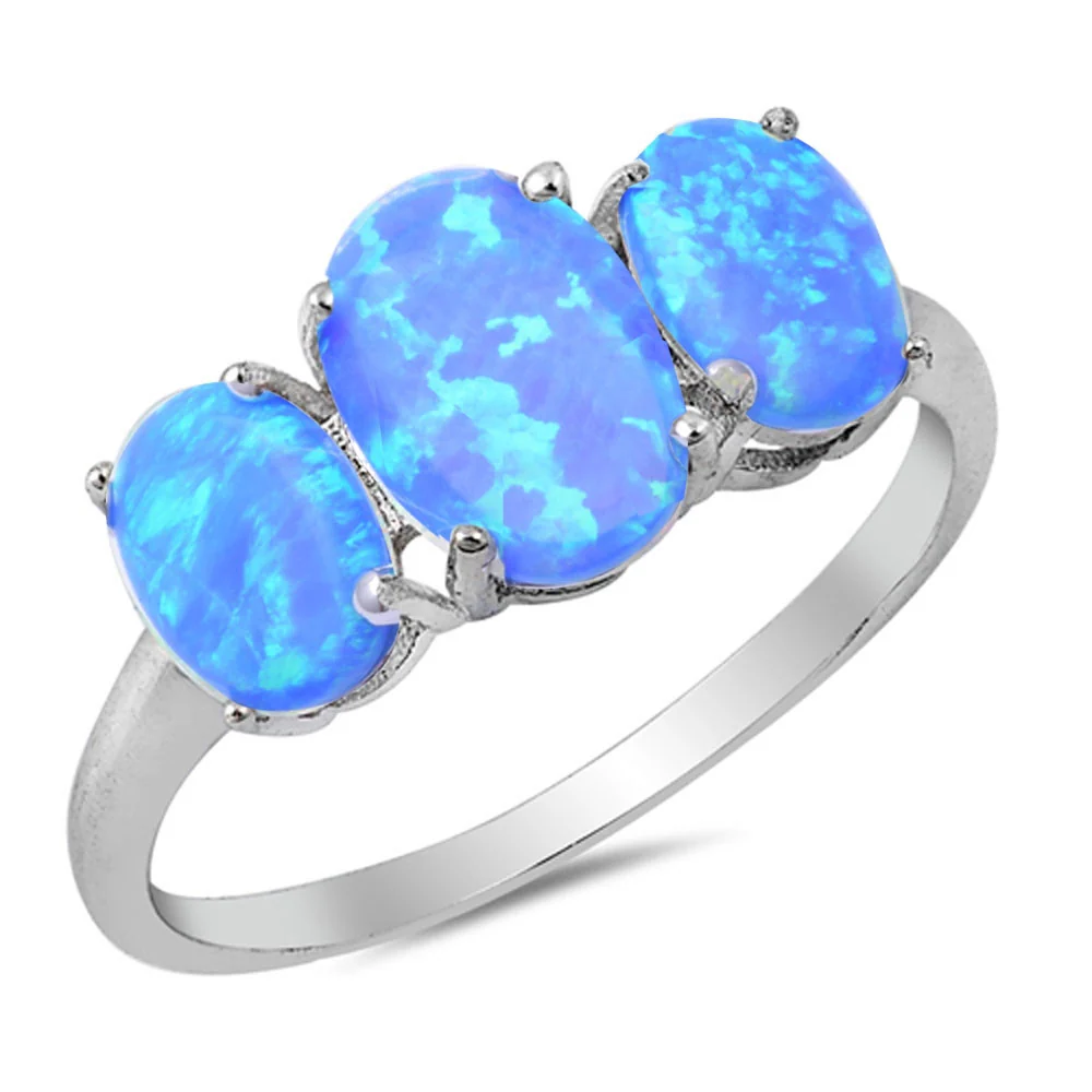 Oval Three Stone Lab Created Opal Ring .925 Sterling Silver Ring