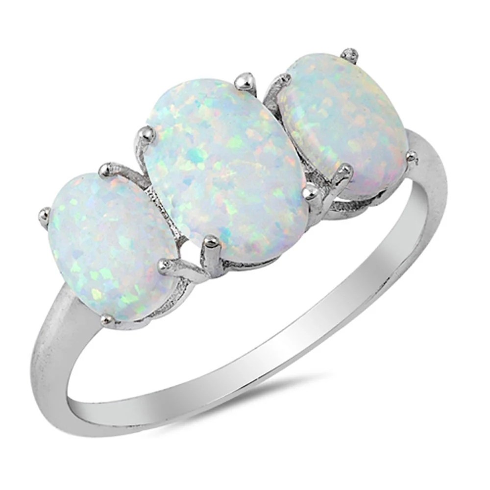 Oval Three Stone Lab Created Opal Ring .925 Sterling Silver Ring