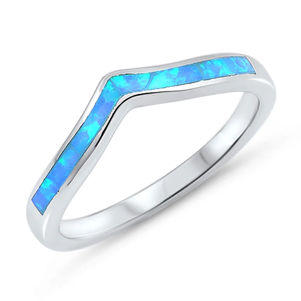 <span>CLOSEOUT! </span>Lab Created Blue Opal Thumb Chevron Stackable .925 Sterling Silver Ring