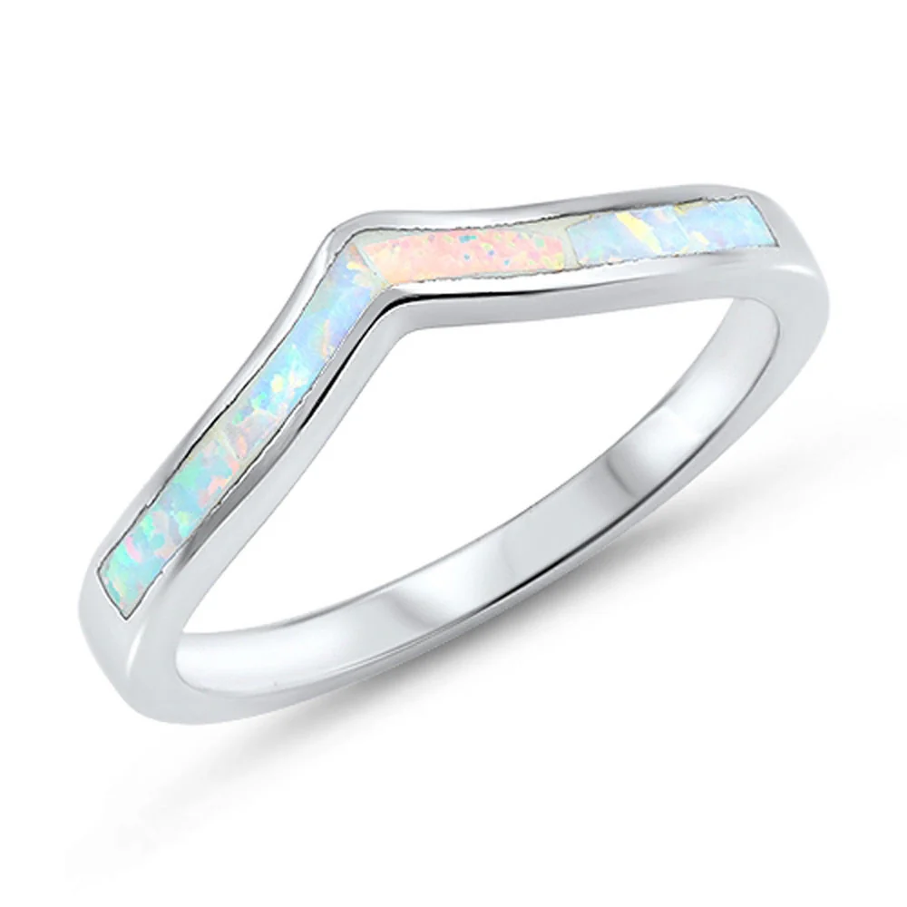 <span>CLOSEOUT! </span>Lab Created White Opal Thumb Chevron Stackable .925 Sterling Silver Ring