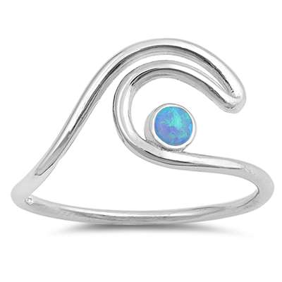 <span>CLOSEOUT!</span>Double Wave with Round Blue Opal .925 Sterling Silver Ring