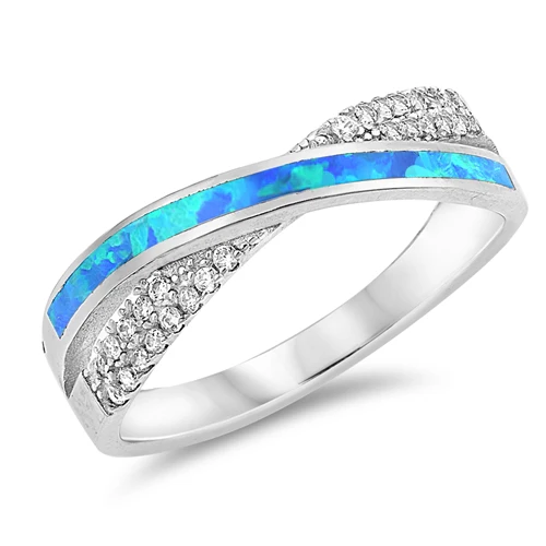 <span>CLOSEOUT! </span>Blue Opal & Cz Criss Cross .925 Sterling Silver Ring