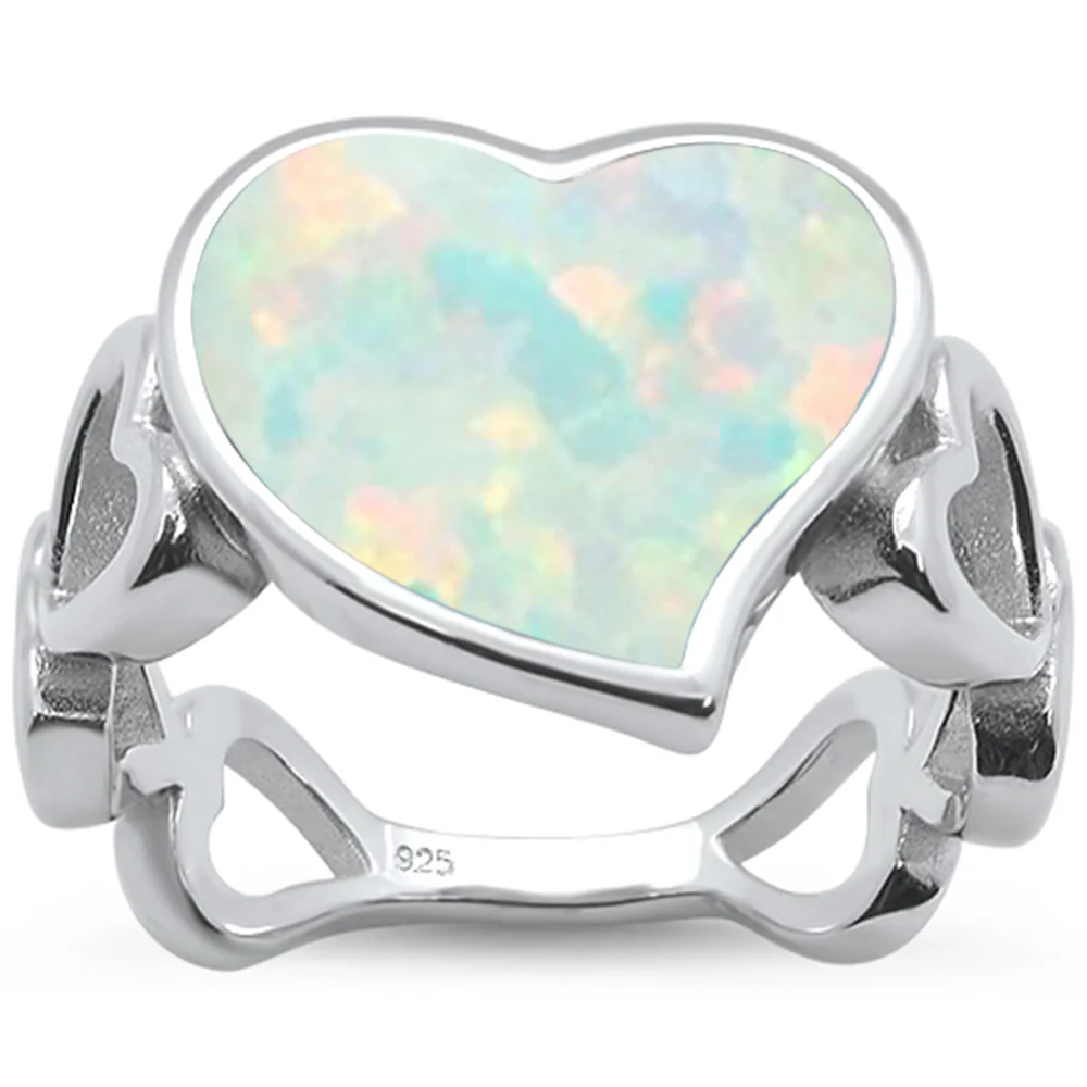 <span>CLOSEOUT!</span> White Opal Heart Shape Band .925 Sterling Silver Ring