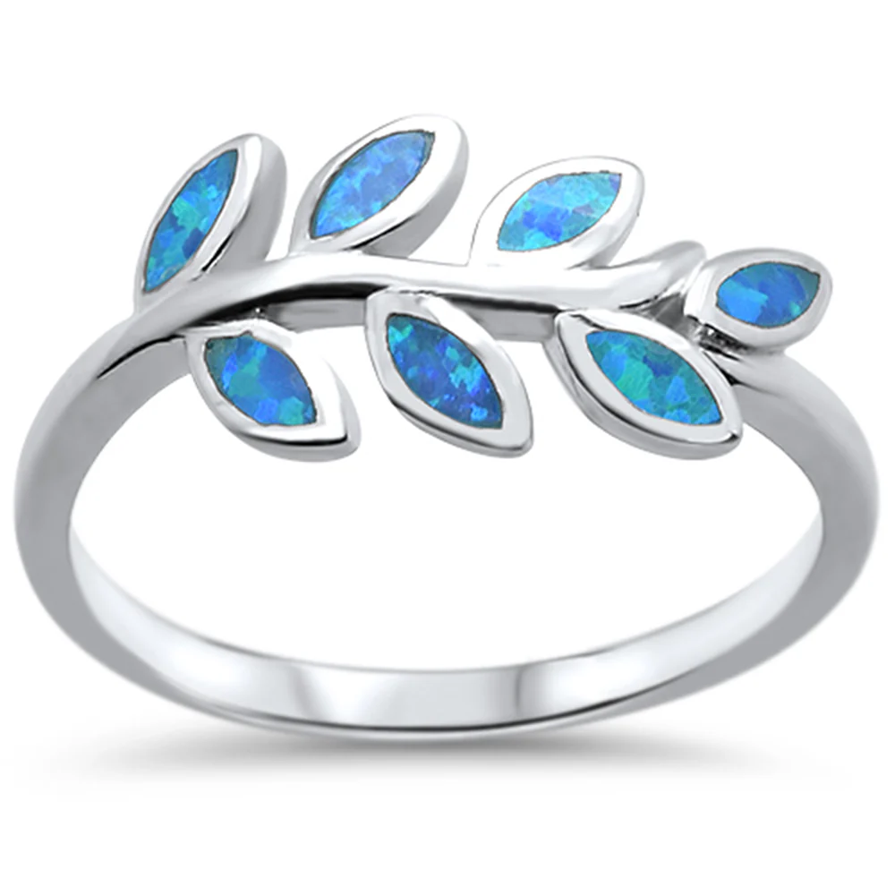 Blue Opal Leaf Design .925 Sterling Silver Ring