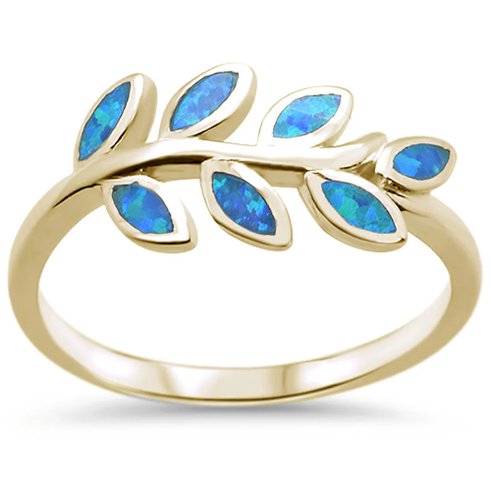 Yellow Gold Plated Blue Opal Leaf Design .925 Sterling Silver Ring Sizes 5-10
