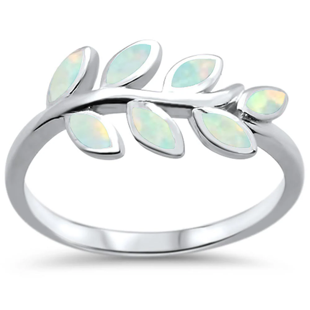 White Opal Leaf Design .925 Sterling Silver Ring