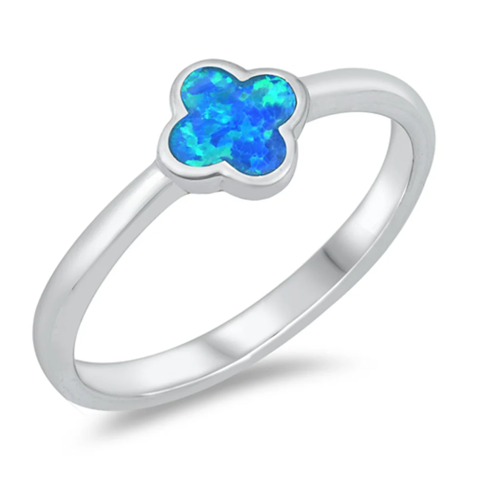 Blue Opal Clover Flower .925 Sterling Silver Ring Sizes 5-10