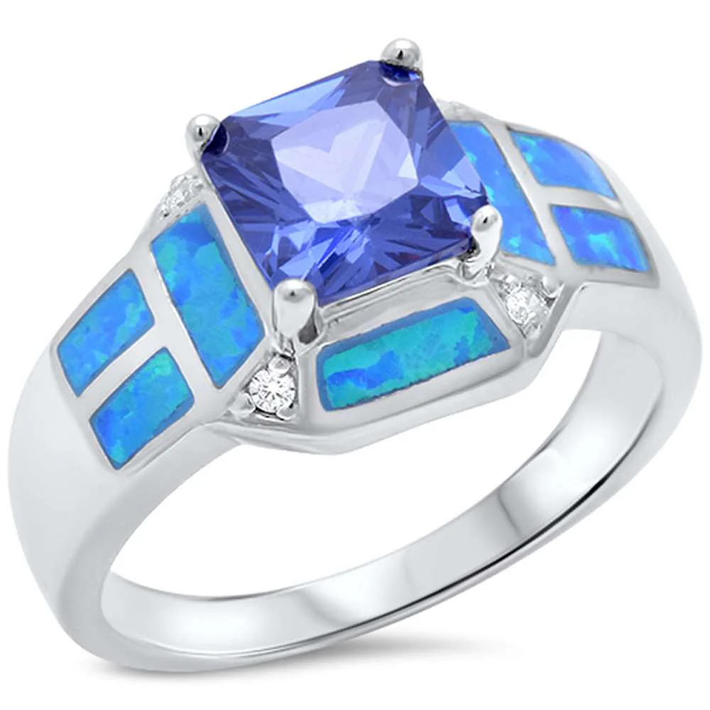 <span>CLOSEOUT!</span> Princess Cut Tanzanite, Blue Opal & Cz .925 Sterling Silver Ring sizes 6-10