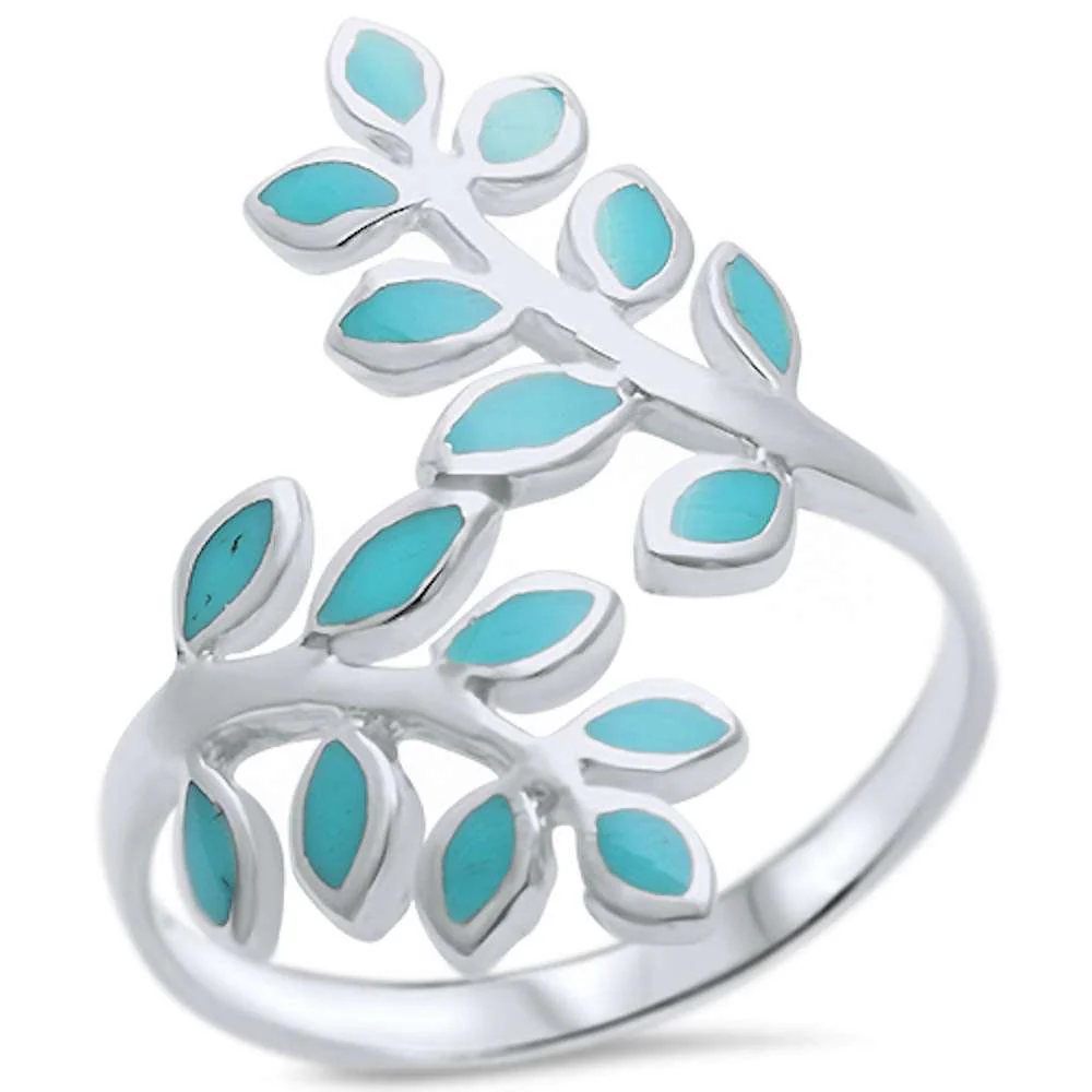 <span>CLOSEOUT!</span>Turquoise Friendship Olive Branch Tree Leaf .925 Sterling Silver Ring
